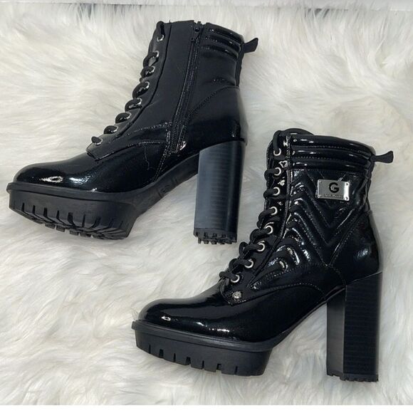 Guess women’s Lace Up Combat Patent Platforms Boots Quilted Chunky Block Heeled - Picture 6 of 10